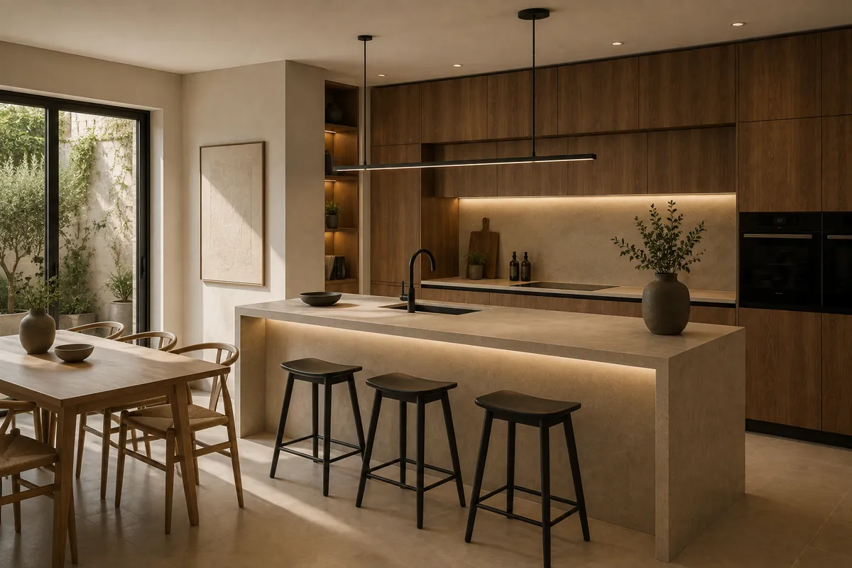 Cocina abierta reformada con isla de madera oscura, encimera de piedra natural y comedor contiguo, vivienda en Gràcia, Barcelona